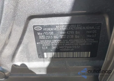 2009 Hyundai Sonata Gls from USA, damaged, VIN 5NPET46C29H431932